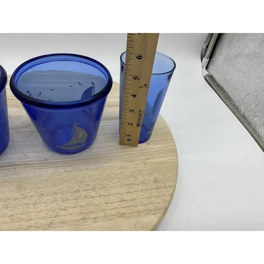 VTG Hazel Atlas Cobalt 2 Ice Buckets, 1 Glass Tumbler Etched Nautical Barware
